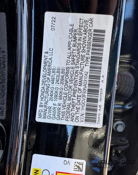 2022 Honda Accord Touring Hybrid from USA, damaged, VIN 1HGCV3F93NA031042